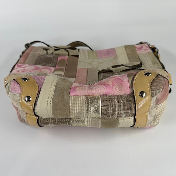 Coach Patchwork Shoulder Bag Pink Tan Multi Fabric Leather Trim 14”x10” - Picture 7 of 7